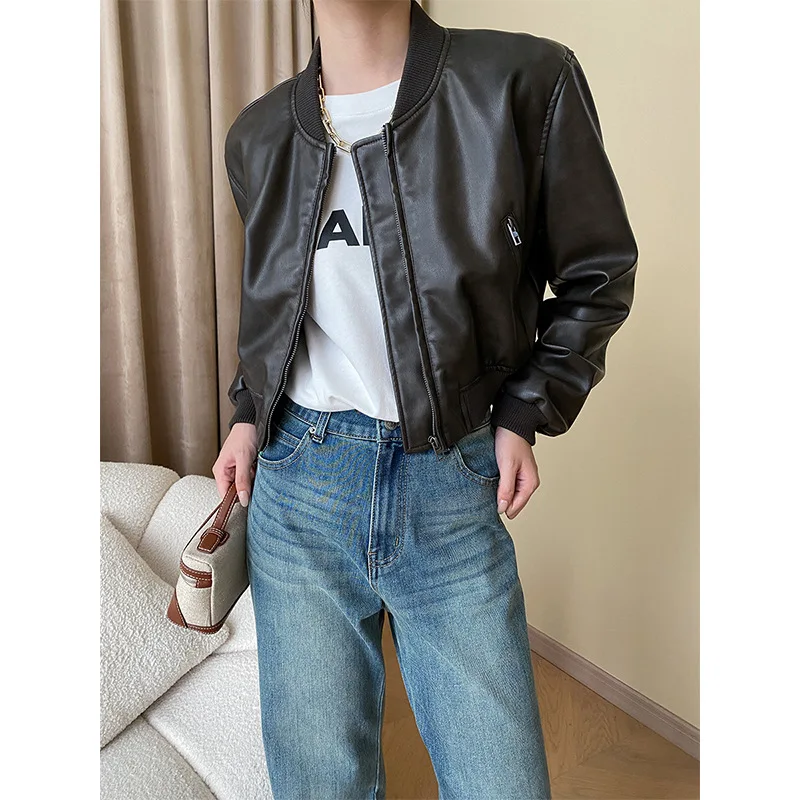 

Women Black Leather Mote Jacket Pilot Baseball Jacket
