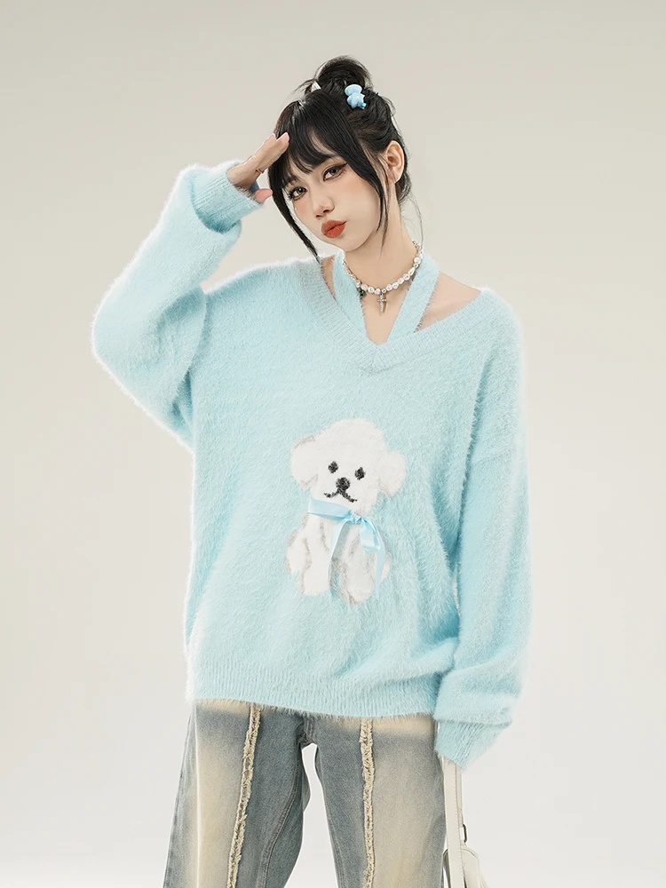 Korean Sle Puppy Jacquard Hanging Neck V-neck Sweater Women's 2024 New Loose Sweet Soft Glutinous Knit Top