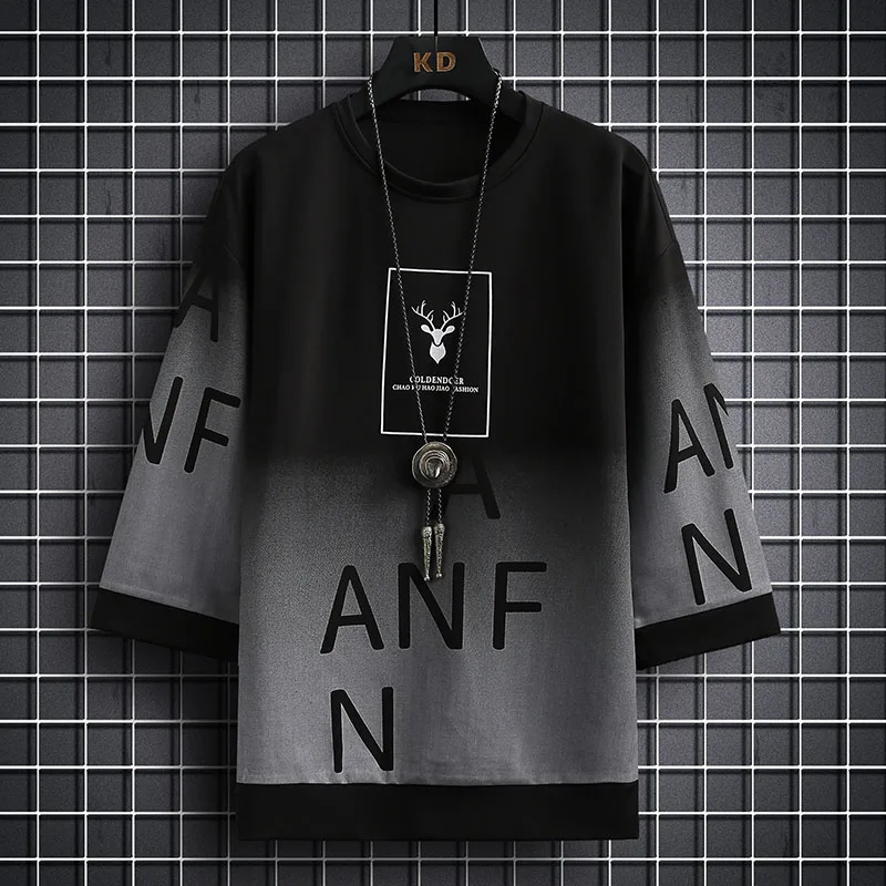 

Summer Men's T Shirts Korean Fashion Harajuku Gradient T Shirts Men Trend Men Clothing Three Quarter Sleeve Graphic T Shirt Men
