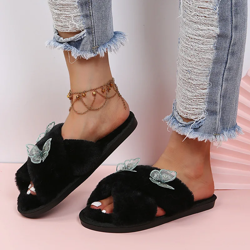 Women's Winter Shoes Faux Fur Girls Flat with Cute Fluffy Butterfly Slippers for Home