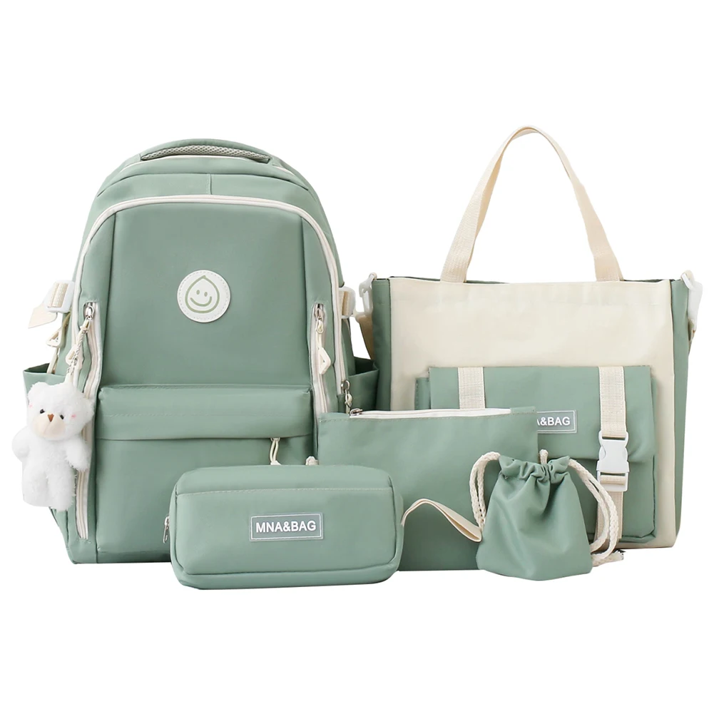 

5pcs Backpack Combo Set Large Capacity Simple Rucksack Canvas with Pendant Soft for Primary Middle School Students