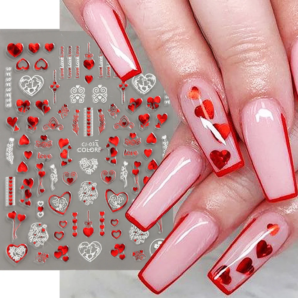

3D Valentines Day Nails Art Stickers Romantic Cartoon Lover Red Rose Kiss Bride Sliders Full Wrap On Nail Accessories GLCJ037-45