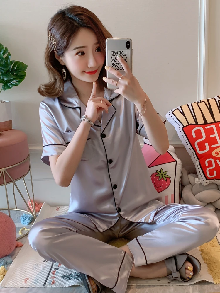 Ice Silk Pajamas Women Summer Thin Short sleeve Trousers Plus size Sexy New Real Home Wear Loose Set