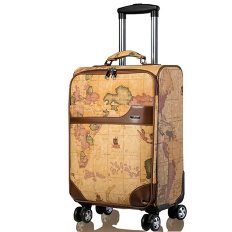 

2022 LeTrend Retro map PU Leather Spinner Rolling Luggage Women Password Trolley Men Suitcase Wheels 20 inch Cabin Travel Bag