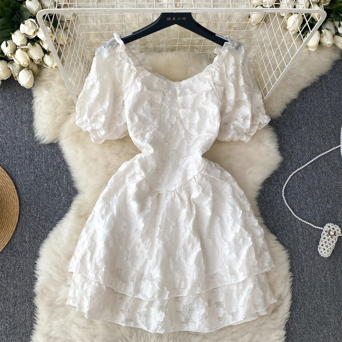

Sweet Girl A-line Short Dress Women's Summer New Shrinking Thin French Square Neck Short Sleeve Pengpeng Princess Vestidos L148