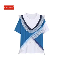 fungus edge short sleeved cotton t shirt womens summer new mesh blue ruffle stitching contrasting colors design loose white top