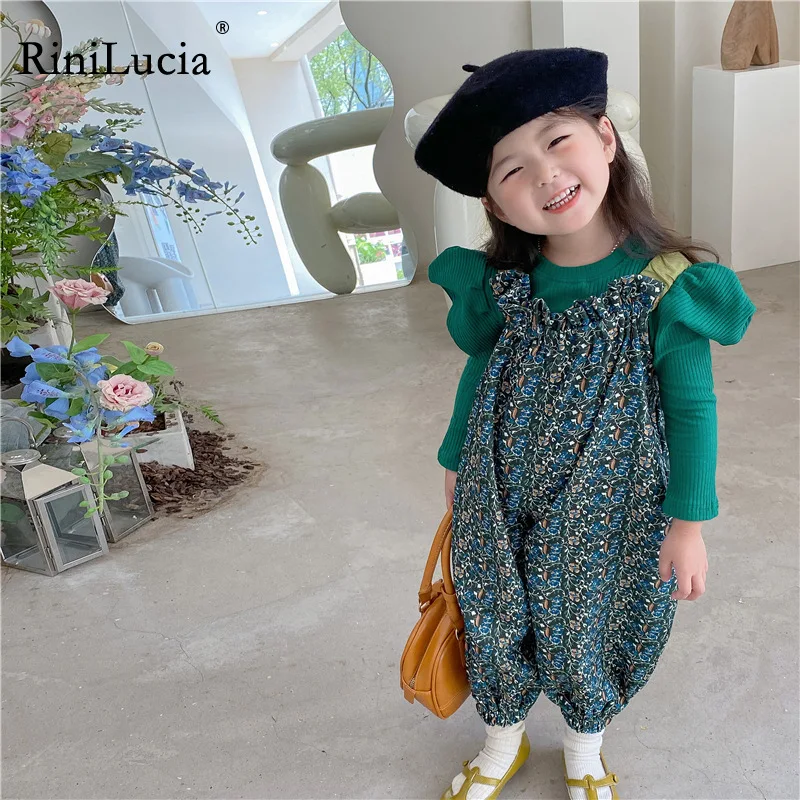 

RiniLucia Autumn Children Clothes Suit Solid Long Sleeve Shirt Floral Jumpsuit Girls 2pcs Kids Clothes Children Clothing Set