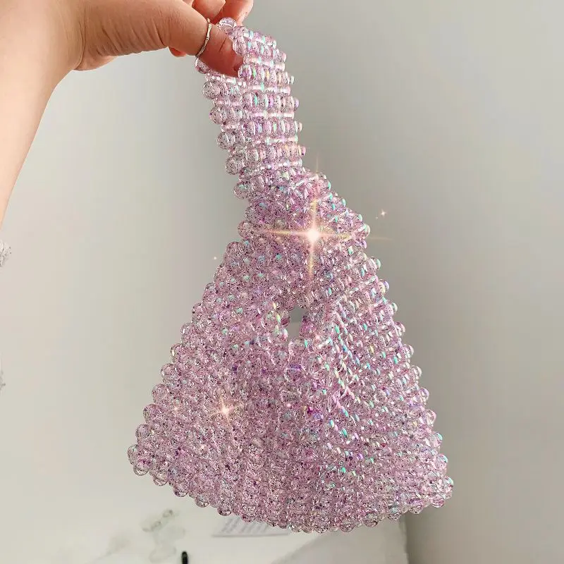 Women Vintage Cross Knot Wrist Bag Handmade Crystal Beaded Bag Small Beaded Bag Evening Party Clutch Simple Mobile Phone Key Bag