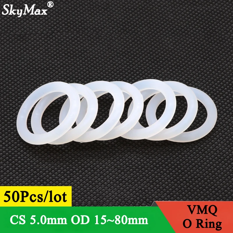 

50Pcs VMQ O Ring Seal Gasket Thickness CS 5mm OD 15 ~ 80mm Silicone Rubber Insulated Waterproof Washer Round Shape White Nontoxi