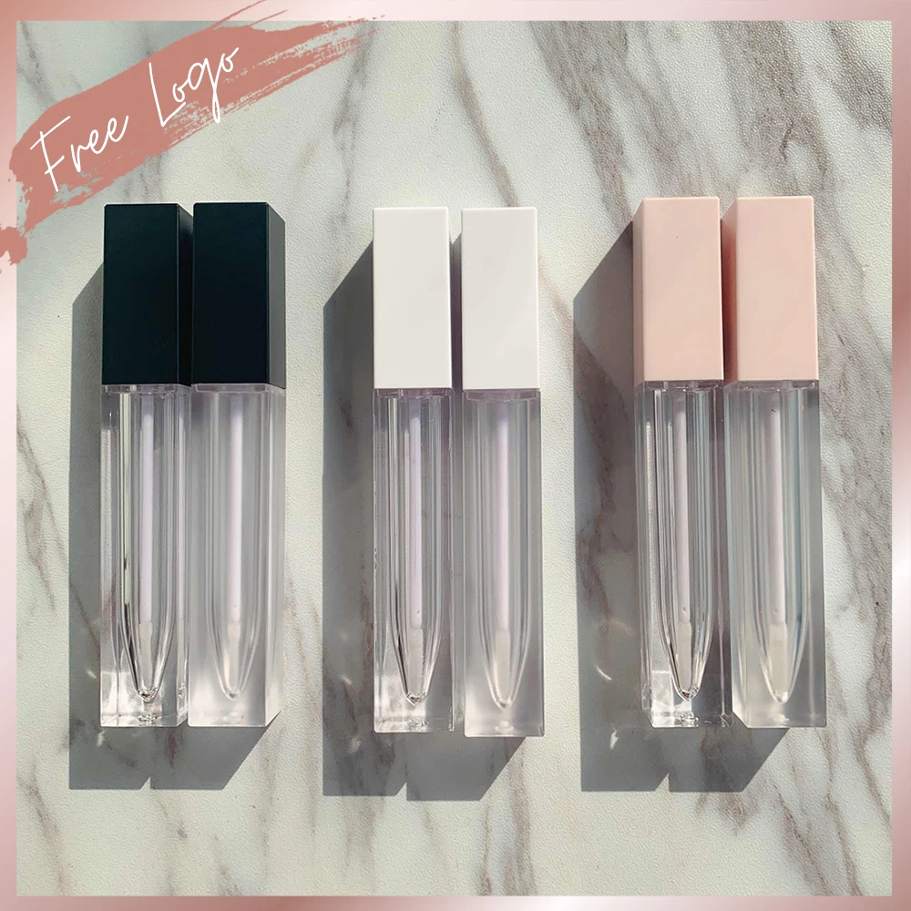 Lip Gloss Empty Tubes 7ml Clear/Frosted Bottle Customized Logo Wholesale Lip Glaze Container Packaging Square Shape Pink Black