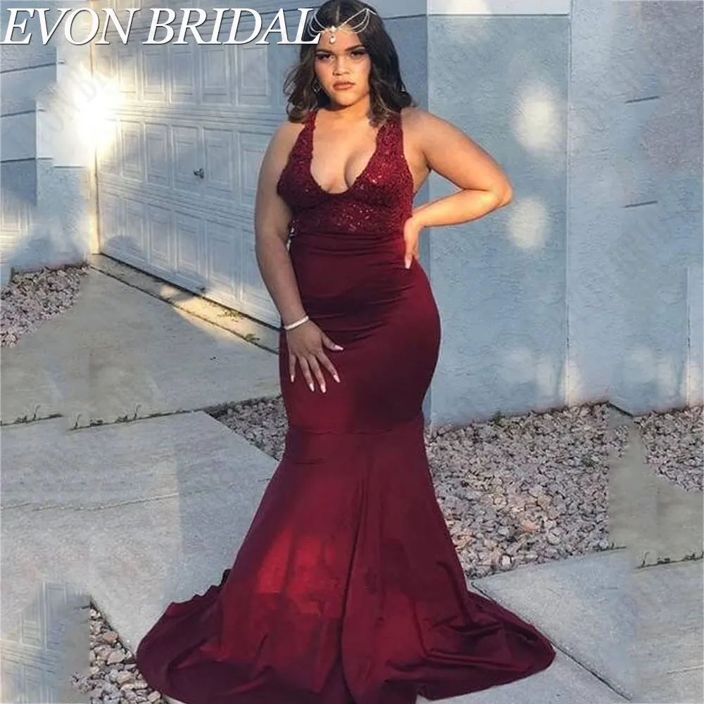 

EVON BRIDAL Classic Red Satin Evening Prom Dresses Vintage Spaghetti Straps Backless Party Gowns V-Neck Plus Size Mermaid 프롬드레스