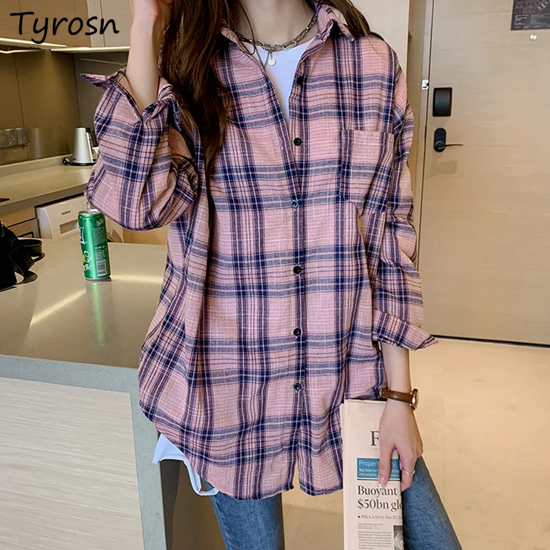 

Клетчатые рубашки для женщин, элегантные универсальные нежные женские ретро классические блузки в стиле ольччан, стильная Минималистичная...