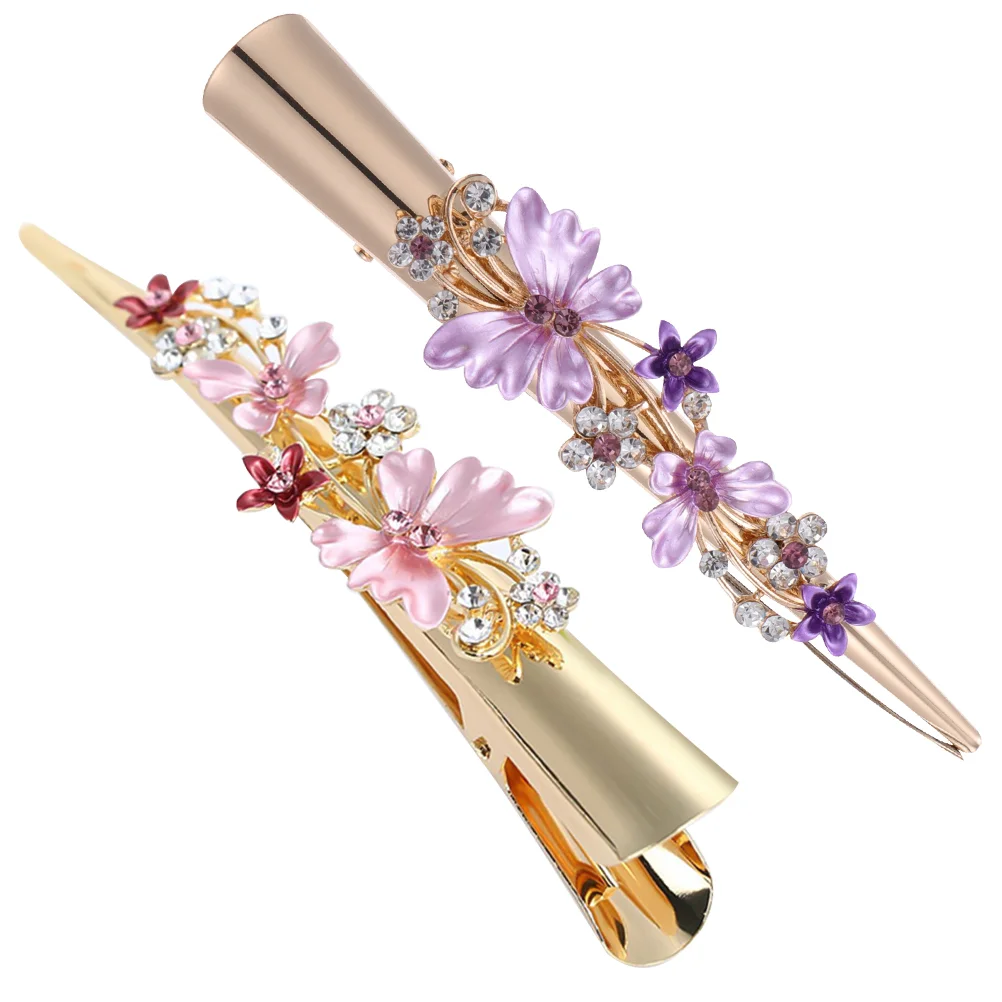 

Clip Hair Duckbill Clips Flower Hairpin Women Lady Crystal Rhinestone Floral Female Prom Alloy Large Metal Bobby Alligator