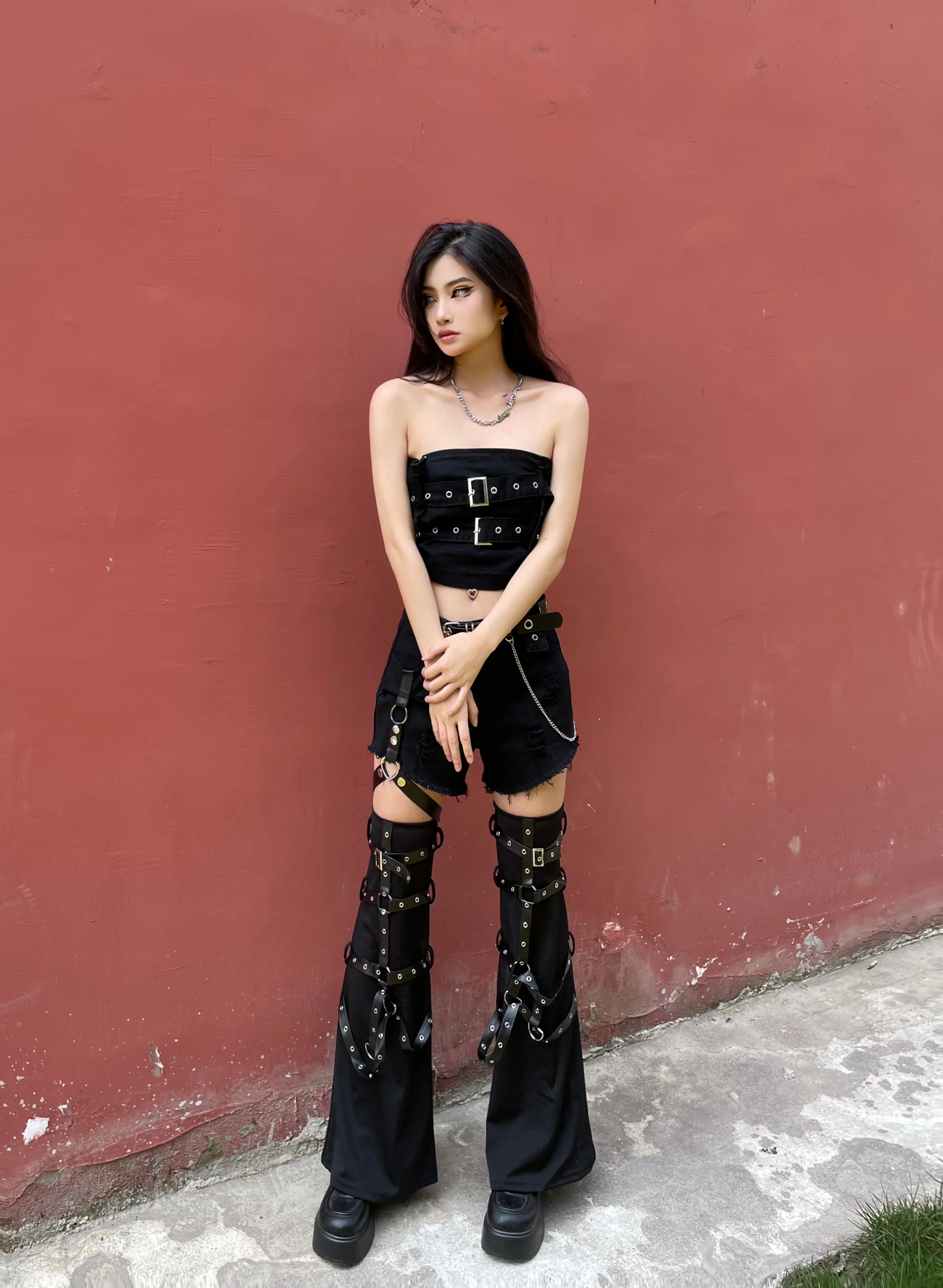 Женские джинсы в стиле панк Y2k Pans леггинсы с пряжкой и заклепками цепочкой