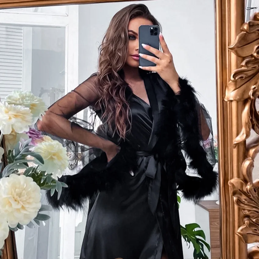 Women Robe  Lace Sleeve Satin Feather Patchwork Bathrobe Kimono Gown Long Summer Nightgown Sleepdress Loose Bride Loungewear