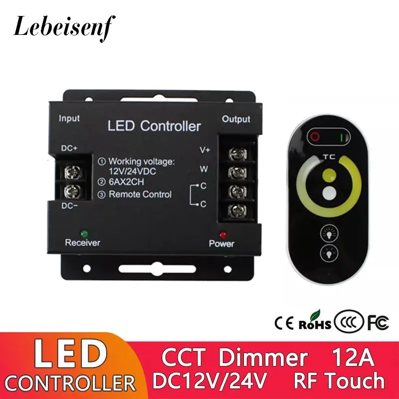 

LED Controller CCT Dimmer 12A 2CH with RF Wireless Touch Remote Control for 5050 Lighting Dual Color Temperature Light Strip