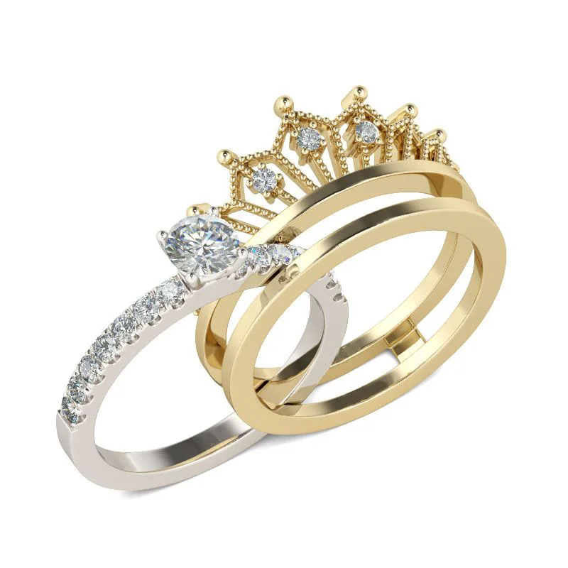 

2Pcs/st Charm Two-tone Gold Cubic Zirconia Ring Gorgeous Crown Bridal Wedding Ring for Women Fashion Party Jewelry Accessories