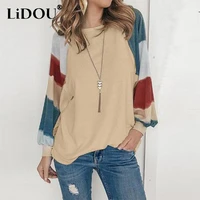 spring autumn womens contrast color patchwork loose casual pullover top o neck lantern sleeve streetwear t shirt fashion tee