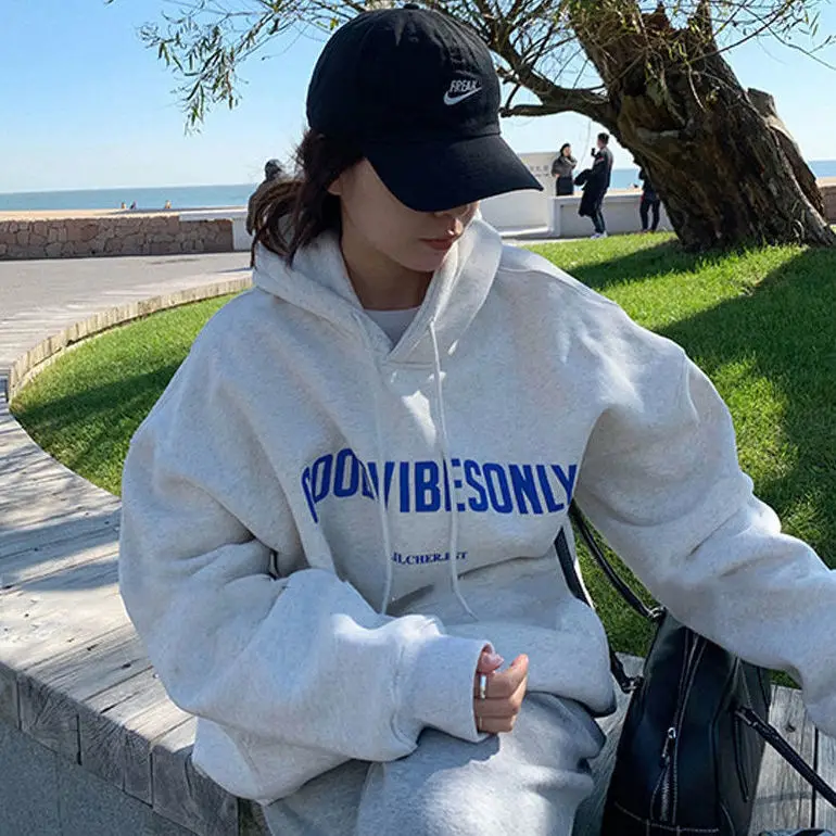 2023 New Casual Fashion Hip-hop Oversized Loose Top Autumn Women's Retro Gray Street Hoodie Letter Print Long Sleeve Sweatshirt