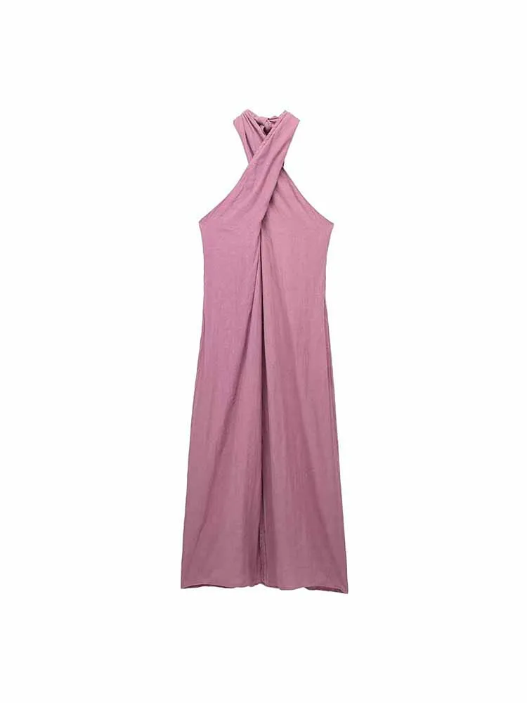 

Women New Chic Fashion Linen halter Neck Pleated Midi Dress Vintage Sleeveless backless Zipper Female Dresses robe Mujer