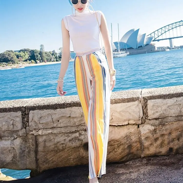 

Women 2022 Summer Fashion Two-piece Sets Female Stand Collar Slim Sleeveless Tops Ladies Striped Wide-leg Trousers Suits I39