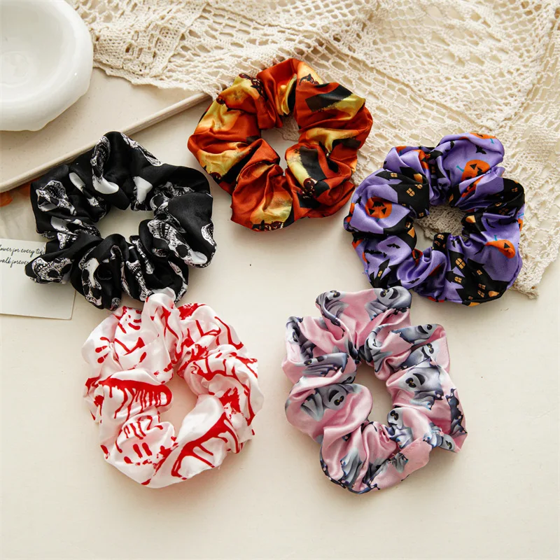 

Halloween Hair Scrunchies Pumpkin Bat Skull Printed Hair Ties Elastic Hair Band Women Girls Ponytail Holder Hair Accessories