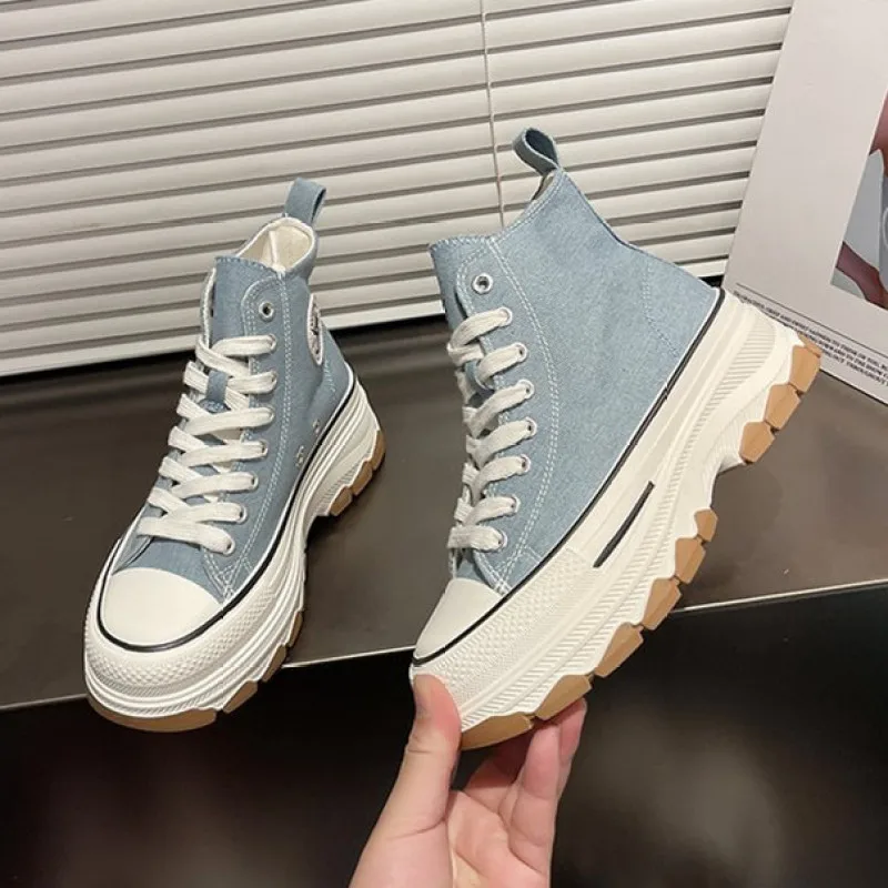 Women Canvas Shoes High Top Vulcanize Shoes Lace Up Casual Sneakers Plarform Height Increasing Girl Shoes Female Ankle Boots