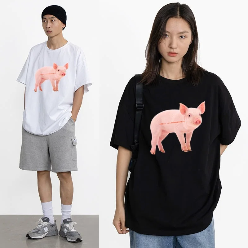 

2022 Men's T-shirt 100% Cotton Summer New Pink Pig Couple Loose Round Neck Short-sleeved T-shirt Top Men