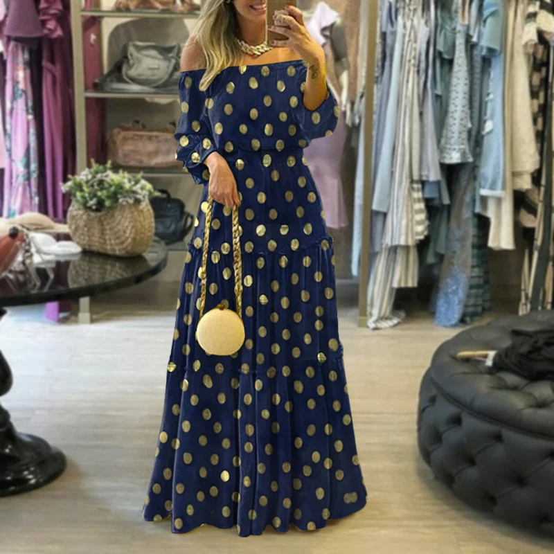 

Sexy Off Shoulder Female Party Dress Elegant Long Sleeve Loose Ruffle Maxi Dress Women Casual Fashion Gold Polka Dot Long Dress