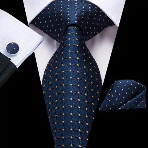 Галстук мужской шелковый синий в горошек, запонки в клеточку, Свадебный деловой галстук 150 см, Прямая поставка, SN-3529