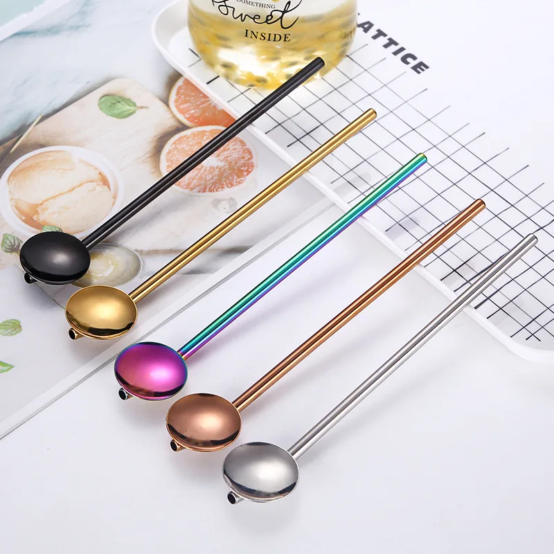 

5pcs Stainless Steel Coffee spoon Long Metal Drinking Straw With Spoon Stirring Gift Teaspoon Reusable Tea Tools Bar Accessories