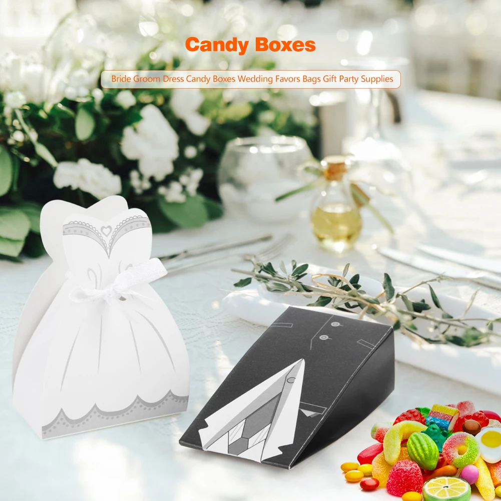

Originality 50pcs Wedding Favor Bride Groom Dresses Wedding Adorable Candy Boxes Multipurpose with Ribbon Decors Unusual