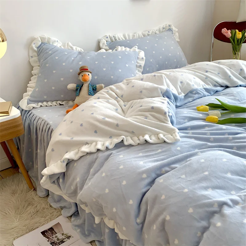

Winter Thick Coral Fleece Four-Piece Double-Sided Milk Fiber Quilt Cover Flannel Thermal Bed Skirt Girl Love Blue