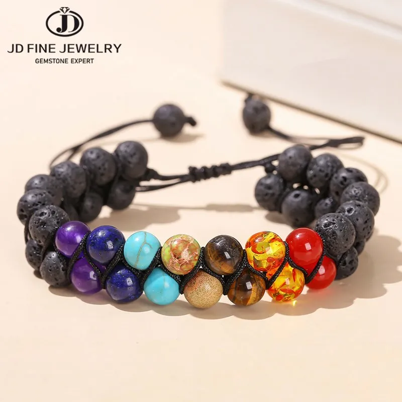 

JD Natural Seven Chakra Tiger Eye Stone Volcanic Bead Braided Bracelets Women Men Vintage Rope Adjustable Energy Bangles Jewelry