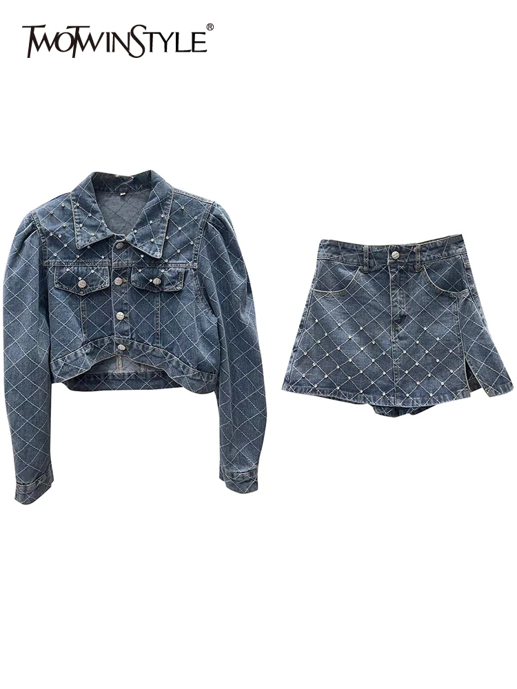 

TWOTWINSTYLE Blue Patchwork Diamond Two Piece Set Womens Lapel Long Sleeve Tops High Waist A Line Mini Skirts Female Clothes New