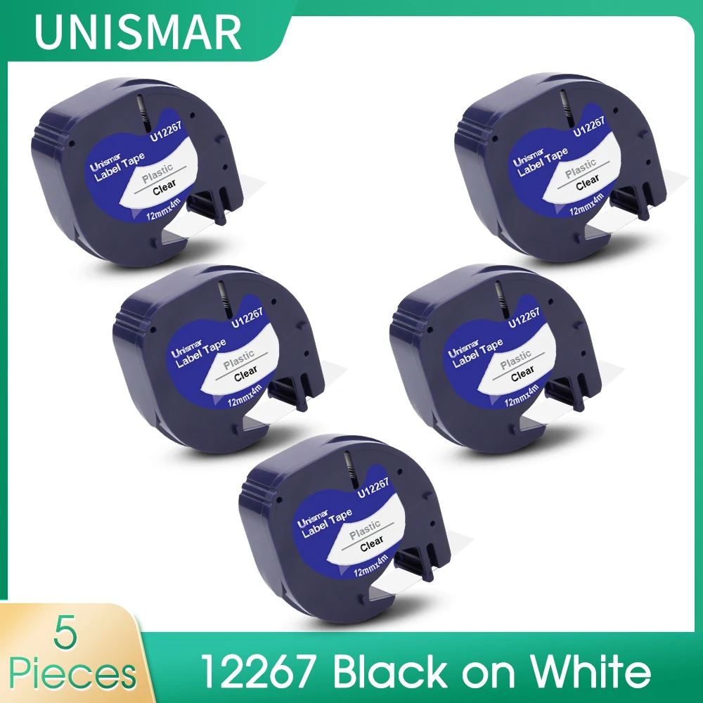 

Unismar 5PK 12267 12mm Label Tapes for Dymo LetraTag 16951 16952 Label Tape Black on Clear for Dymo LetraTag LT-100H Label Maker