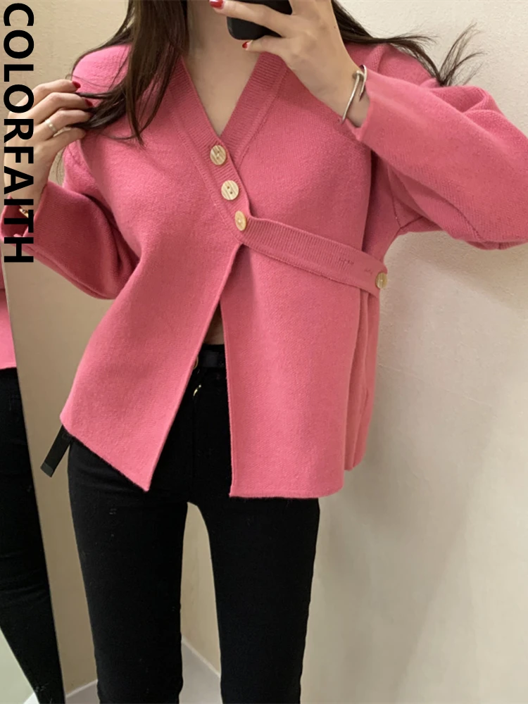 

Colorfaith New 2022 Korean Fashion Chic Elegant Spring Autumn Women's V-Neck Sweaters Buttons Cardigans Vintage Tops SWC3938