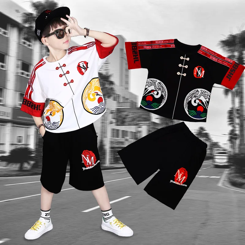 5-16T Boy Fashion Casual Sport Suit Clothing Set Motorcycle Print Short Sleeve Knitted Children Teens Clothes 2023 Summer New