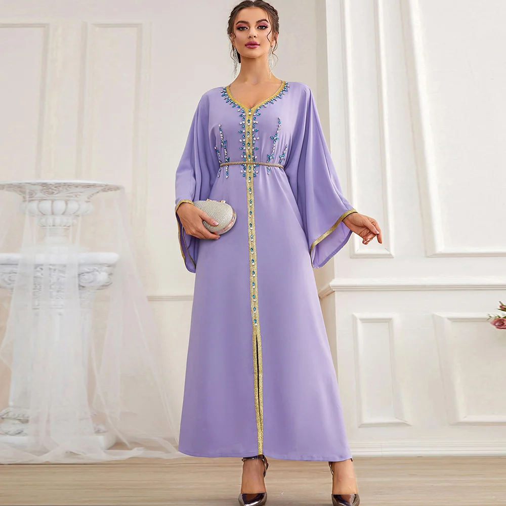 Dubai Hijab Women Dress Light Purple V-Neck Hand Stitched Raglan Sleeve Party Dress 2022 New Kaftan Abayas Djellaba Moroccan Ves