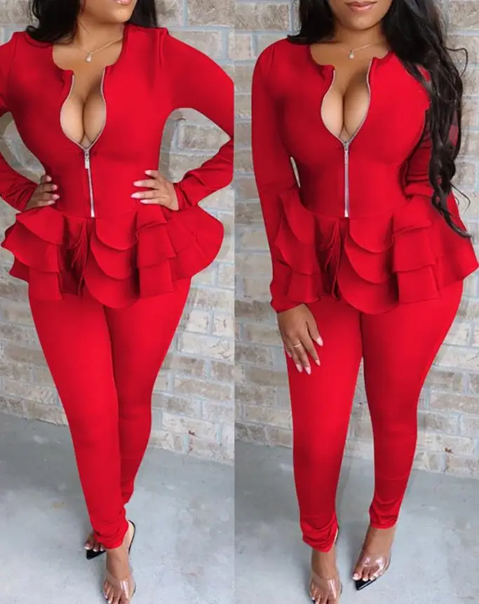 

Женский комплект из двух предметов, Топ с длинным рукавом и облегающие длинные штаны, с U-образным вырезом и многослойными оборками на молни...