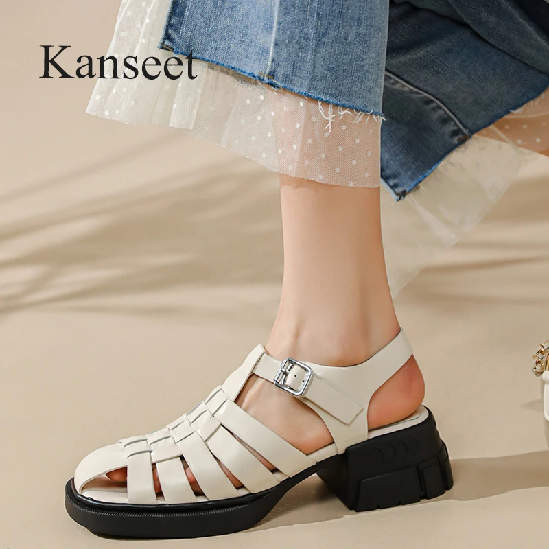 

Kanseet Women's Sandals New 2022 Summer Cow Leather Handmade Rome Style Buckle Strap Casual Mid Heels Female Shoes Size 40 Beige