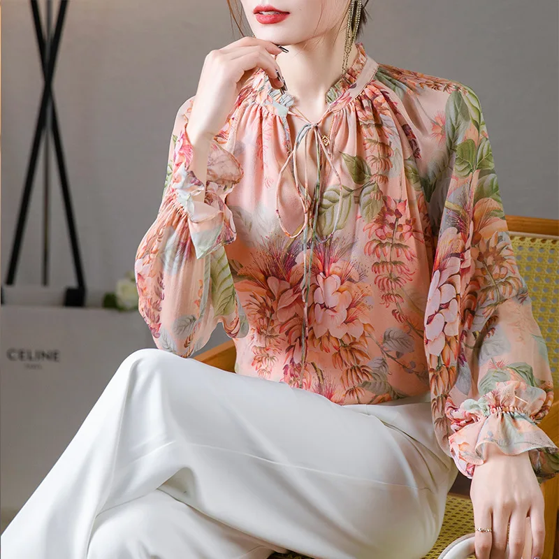 

Birdsky, Women long sleeve shirt blouse office lady Top Tee O neck pullover 100% real mulberry silk flower print, DS-01