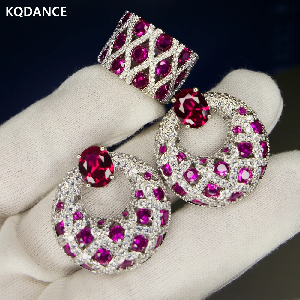 KQDANCE Emerald cut Created Tanzanite ruby Earrings with Blue/red stone 18K White gold plated Rings Jewelry Sets 2022 Trend