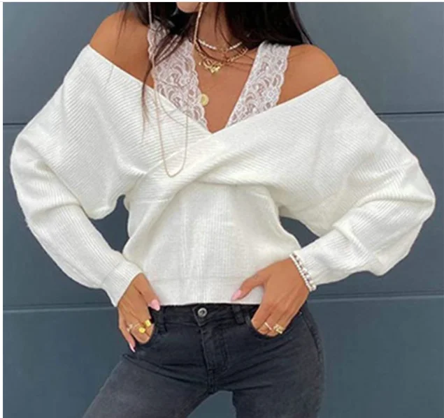

Sexy Women Spring Autumn T-Shirts Patchwork Design Lace Decor Halter Long Sleeve Solid Color Casual Loose Pullovers Top
