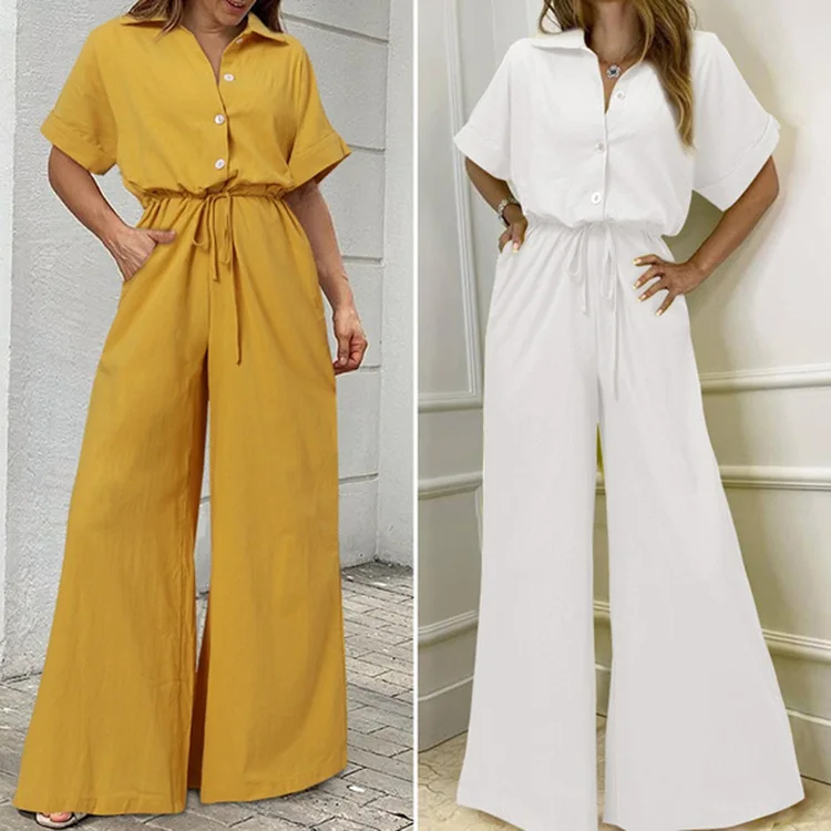 

Women's short sleeve lapel high waist wide leg jumpsuit casual suit wide leg pants suit