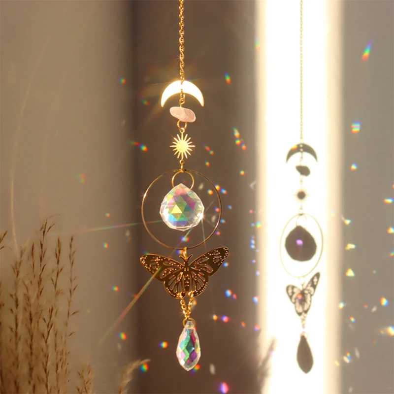 Crystals Wind Chime Suncatcher Golden Butterfly Pendant Rainbow Prism Stained Glass Ornament Chakras Crafts Home Garden Decor