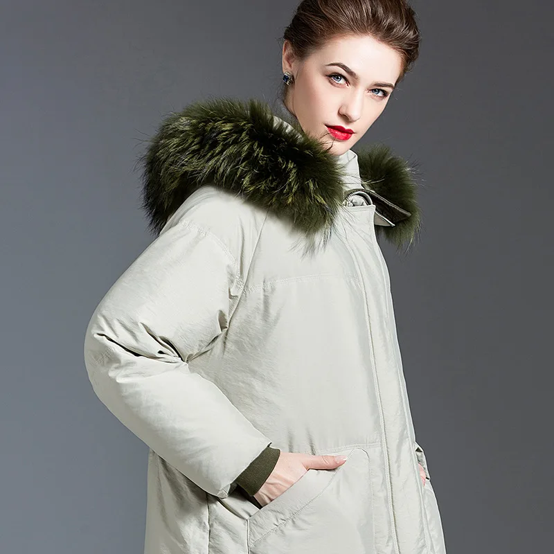Winter new fashion down jacket female long waist over knee raccoon fur collar coat female