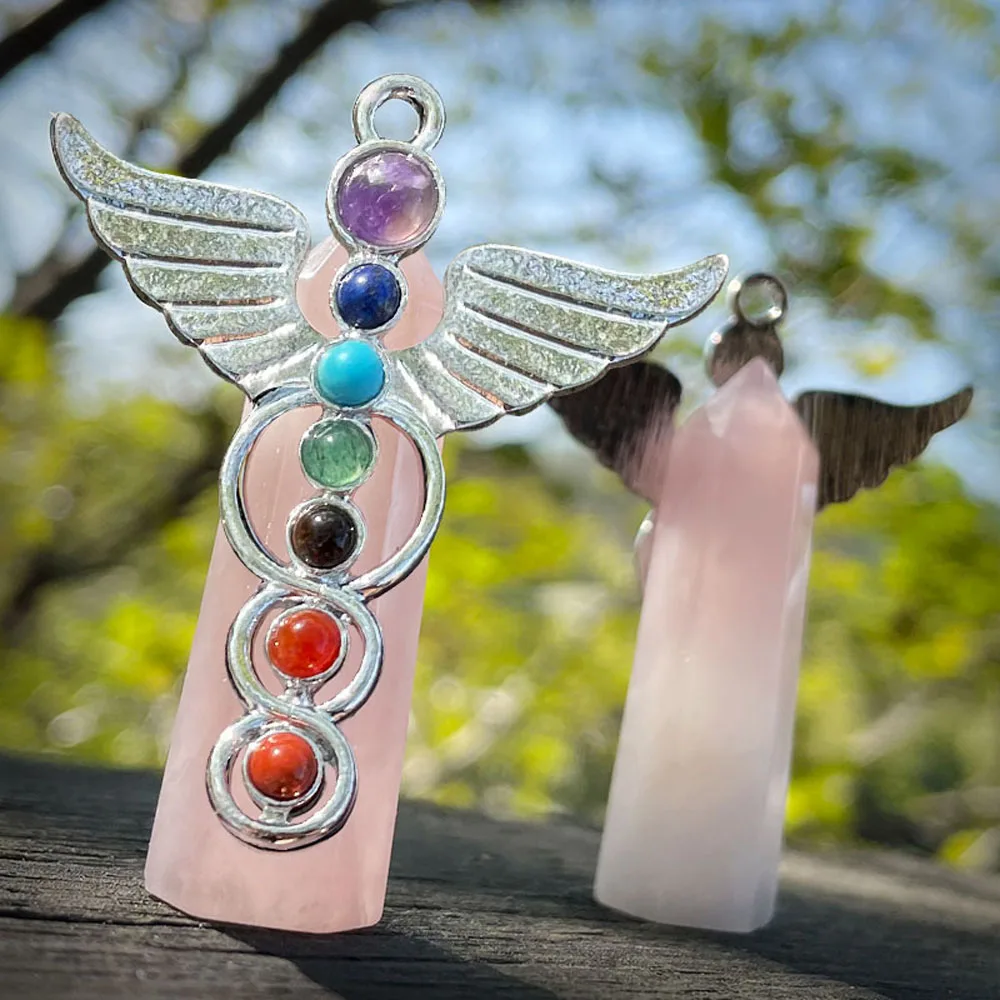 

Hexagonal Wand Rose Quartz Stone Pendants Angle Angel Wings Alloy 7 Chakra Reiki Stone for Jewelry Making Necklace Bracelet Gift