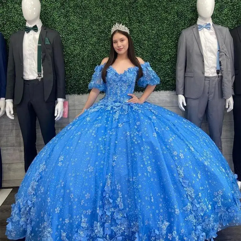 Милое синее платье принцессы Quinceanera 16 кружевное с 3D цветами и аппликацией для
