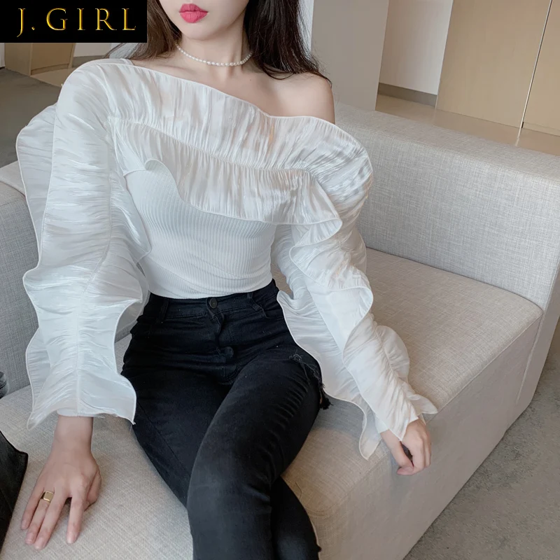 

J GIRLS Slash Neck Ruffles Patchwork Blouse Women Off Shoulder Long Sleeve Sexy Shirts Solid Knit Tops Slim Stretch Korean Chic